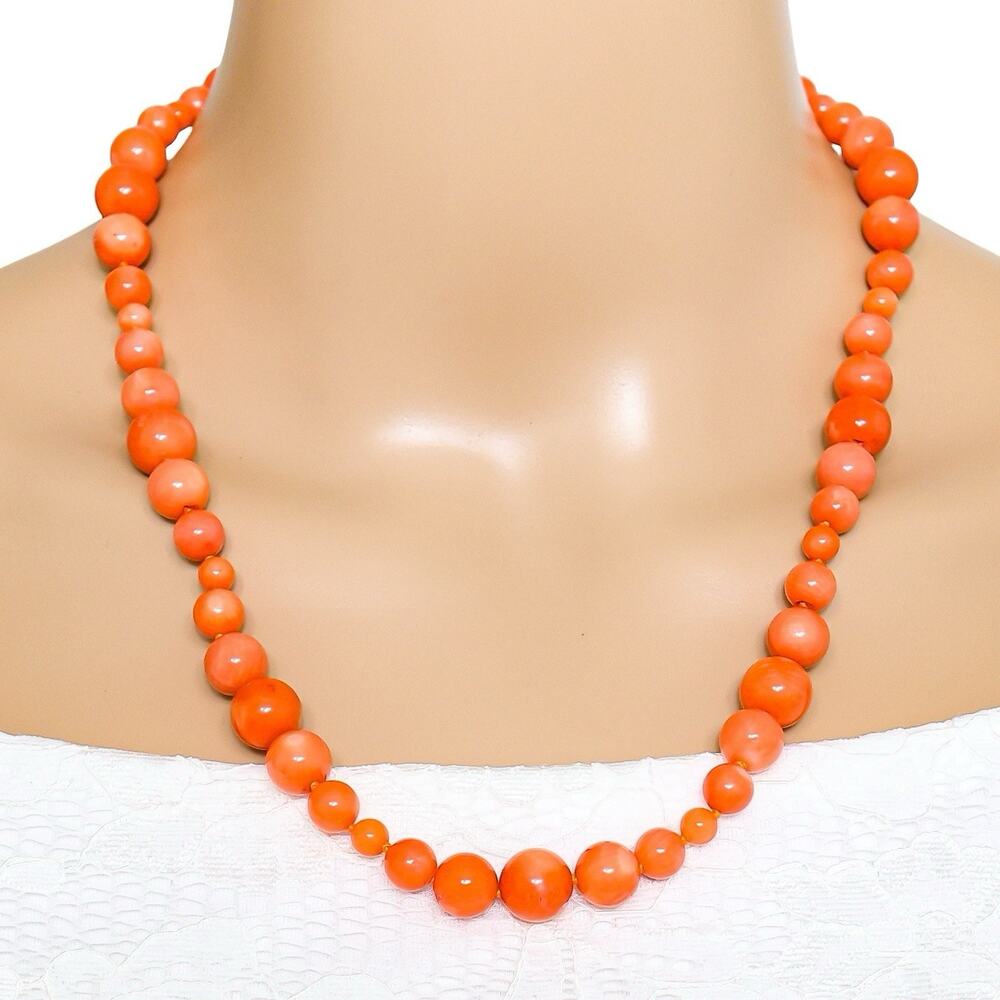 Gems en Vogue Coral Sterling Palladium Graduated Bead Necklace Peach / Pink 22”